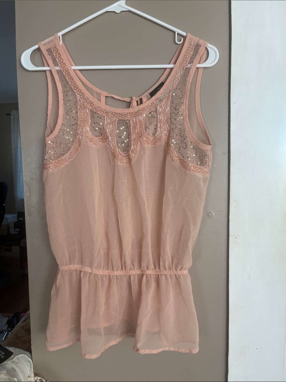 Rue21 Blush Pink Sheer Sleeveless Peplum Top with Sequin Trim
